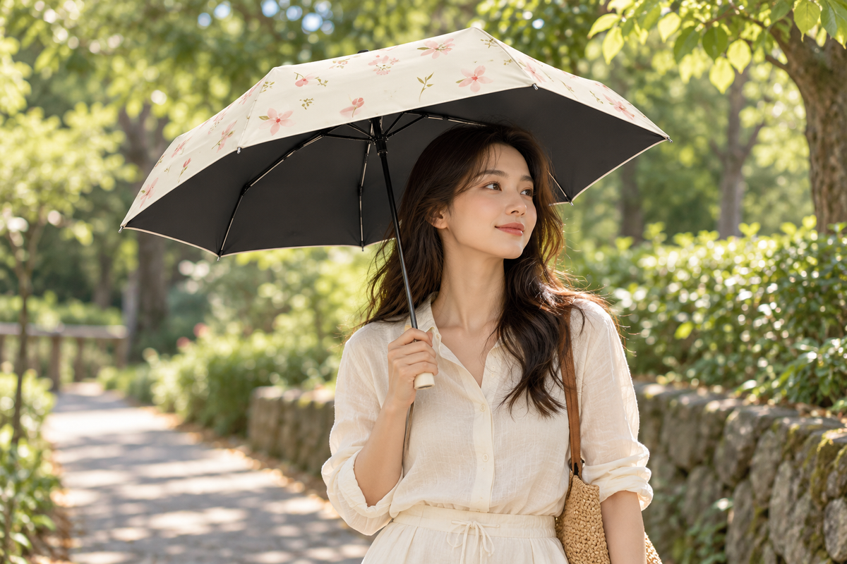 AI lifestyle illustration of a woman holding an open floral umbrella